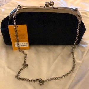 Patricia Nash Mia Frame Black Velvet & Leather Kiss Lock Clutch/Shoulder Bag NWT